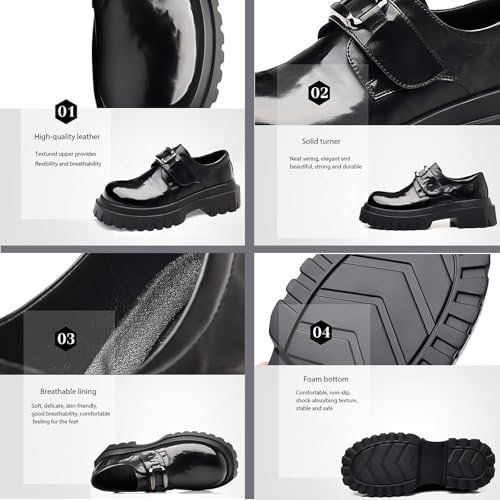 Men's Leather Platform Block Heel Oxfords with Adjustable Hook and Loop Classic Round Toe Comfort Non-Slip Business Dress Shoes Heightening Soft Bottom Casual Derby Shoes4