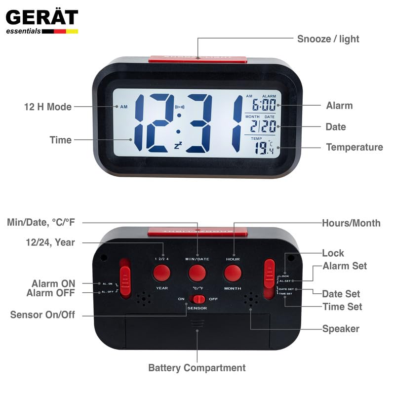 Image of GERAT Kabel Digital Clock with Alarm for Students, Home, Office, and Bedroom | Multiple Alarms with a Snooze Function | Temperature, Day and Month Indicator, Light Sensor for Night Vision, Black /Red
