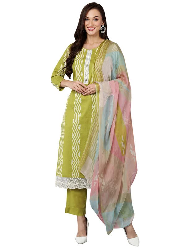 Image of Vaamsi Women's Silk Blend Geometric Printed Straight Kurta Pant with Dupatta