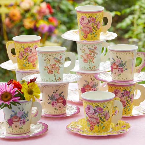 Talking Tables 24 x Vintage Floral Paper Tea Cups & Saucer Set, Disposable Tea Cups for Easter, Afternoon Tea Parties, Bridal Shower, Mothers Day, Wedding, Birthday, Birthday Party Decorations 7 oz