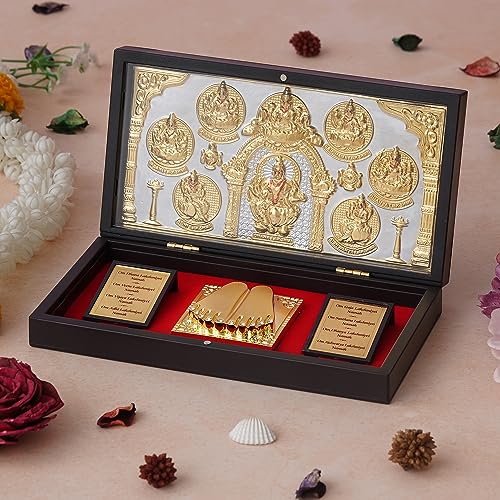 Image of 24K Gold Plated Religious Frame Photo Frame with Charan Paduka Return Gifts for Home Puja Office (ASHTA LAXMI)