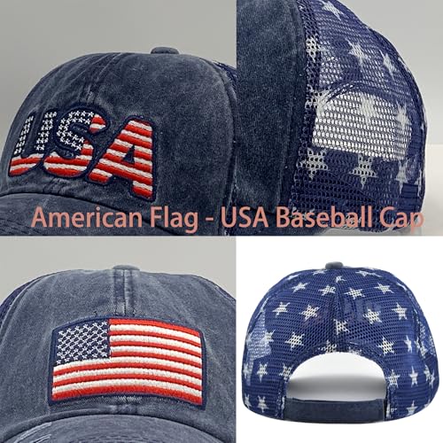 Image of UTOWO American Flag Hat USA Unisex Vintage Embroidery Washed Distressed Hat Adjustable Baseball Cap