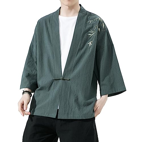 Image of Mens Kimono Cardigan Cotton Linen Japanese Shirt 3 /4 Sleeve Haori Yukata | Skin-Friendly Solid Color Lightweight Shawl Collar Kimono Robe Embroidery Button Tie Pockets Happi Coat All Season Daily Wear