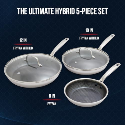 Image of Blue Diamond Hybrid 5pc Stainless Steel Nonstick Fry Pan Set with Two Lids | 8 inch, 10 inch, 12 inch Skillets with Glass Lids, PFAS-Free Ceramic Nonstick, Induction & All Cooktop Compatible, Dishwasher / Oven Safe