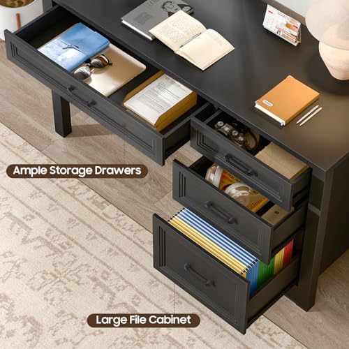 Image of Vabches Farmhouse Executive Desk with Storage and Ample File Drawer, Rustic Large Home Writing Desk for Bedroom, Pure Black