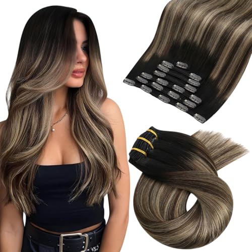 Image of Moresoo Ombre Clip in Hair Extensions Black to Dark Brown with Dark Blonde Extensions Clip in Human Hair Double Weft Balayage Natural Black to Blonde with Brown for Women Long 120g /7pcs 18 inch
