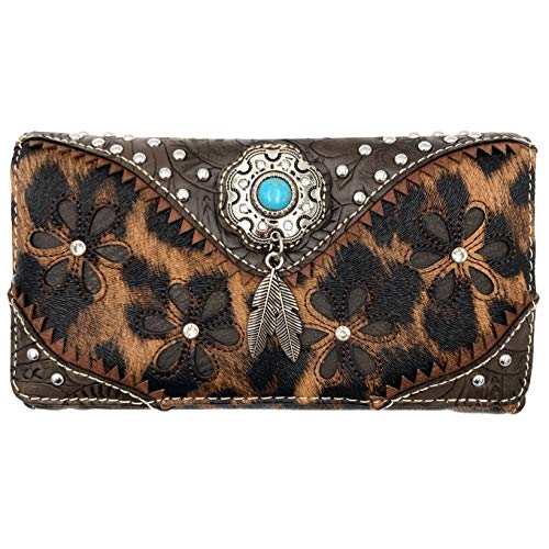 Leopard Animal Print Concealed Carry Feather Concho Country Vintage Western Trifold Crossbody Wallet