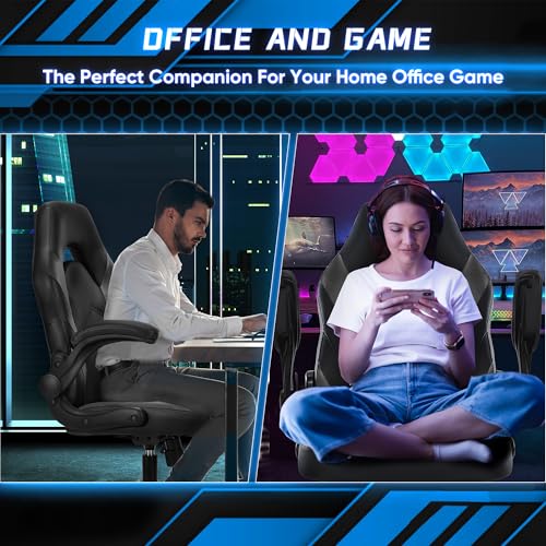 Image of Ergonomic Computer Gaming Chair - Big and Tall with Comfy Lumbar Support, Height Adjustable Home Office PU Leather with Flip-up Armrest, 360 Rolling Video Game, Black