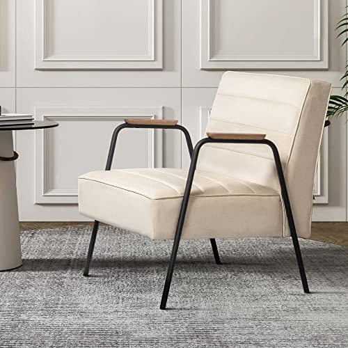 Comfy To Go Velvet Accent Chair, Mid Century Modern Leisure Chair Lounge Chair With Solid Wood Armrest, Upholstered Armchair For Living Room, Bedroom-26.3" L X 24.2" W X 29.1" H(Beige) #TOP14