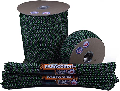 Bored Paracord - 1', 10', 25', 50', 100' Hanks & 250', 1000' Spools of Parachute 550 Cord Type III 7 Strand Paracord Well Over 300 Colors - Neon Green Ninja - 250 Foot Spool