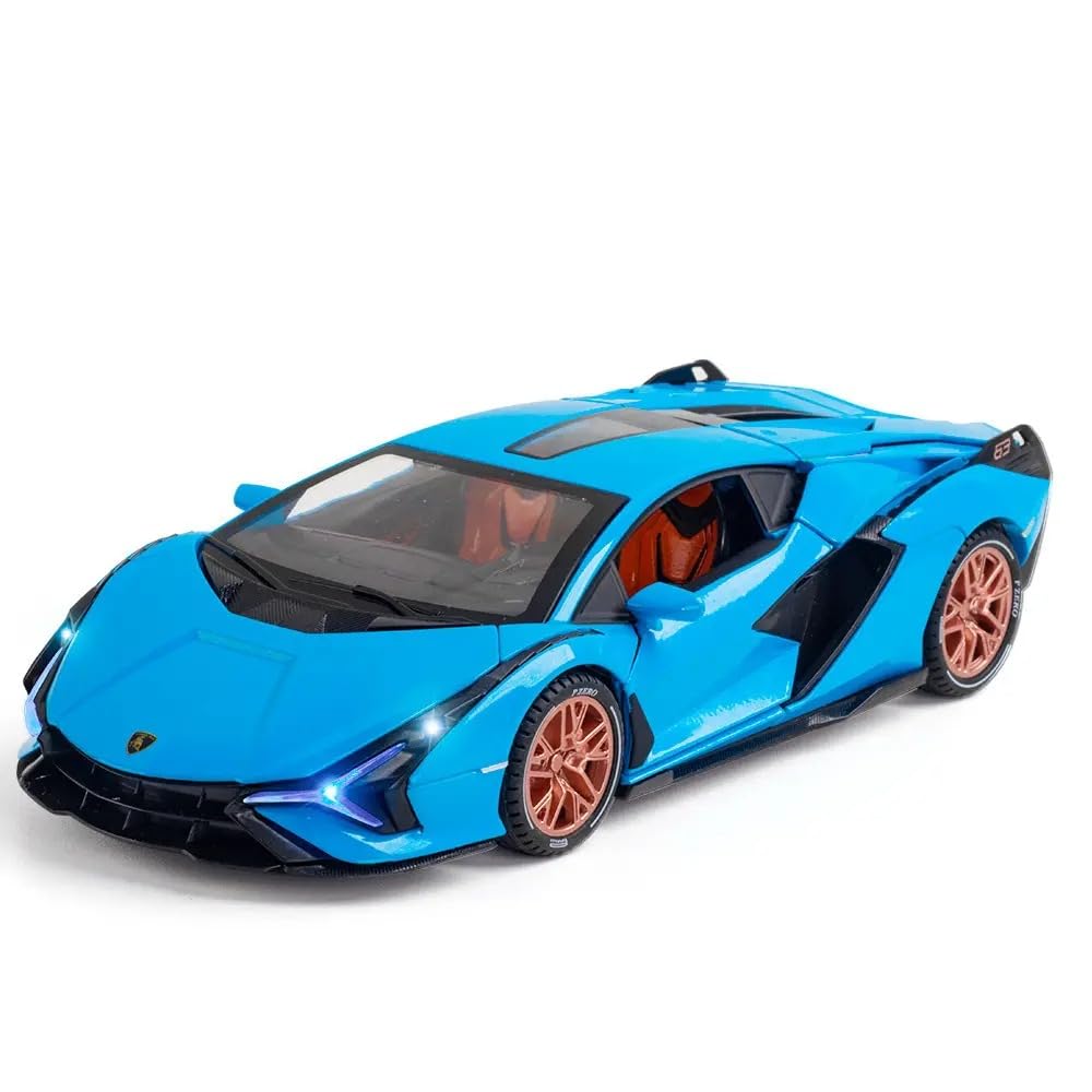 CROPDAK 🏎️ Exclusive Alloy Metal Pull Back Die-cast Car Model with Sound Light Mini Auto Toy for Kids Metal Model Toy Car with Sound and Light (1.24 Scale Lamborghini SIAN FKP37 - Blue)