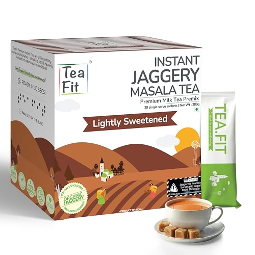 Image of TeaFit Instant Jaggery Masala Chai Premix | Desi Gud Chai | 20 Sachets (280gm) | Just Add Water | Made with Organic Cane Jaggery, Premium Assam Tea & Aromatic Spices | Ayurvedic Spiced Chai