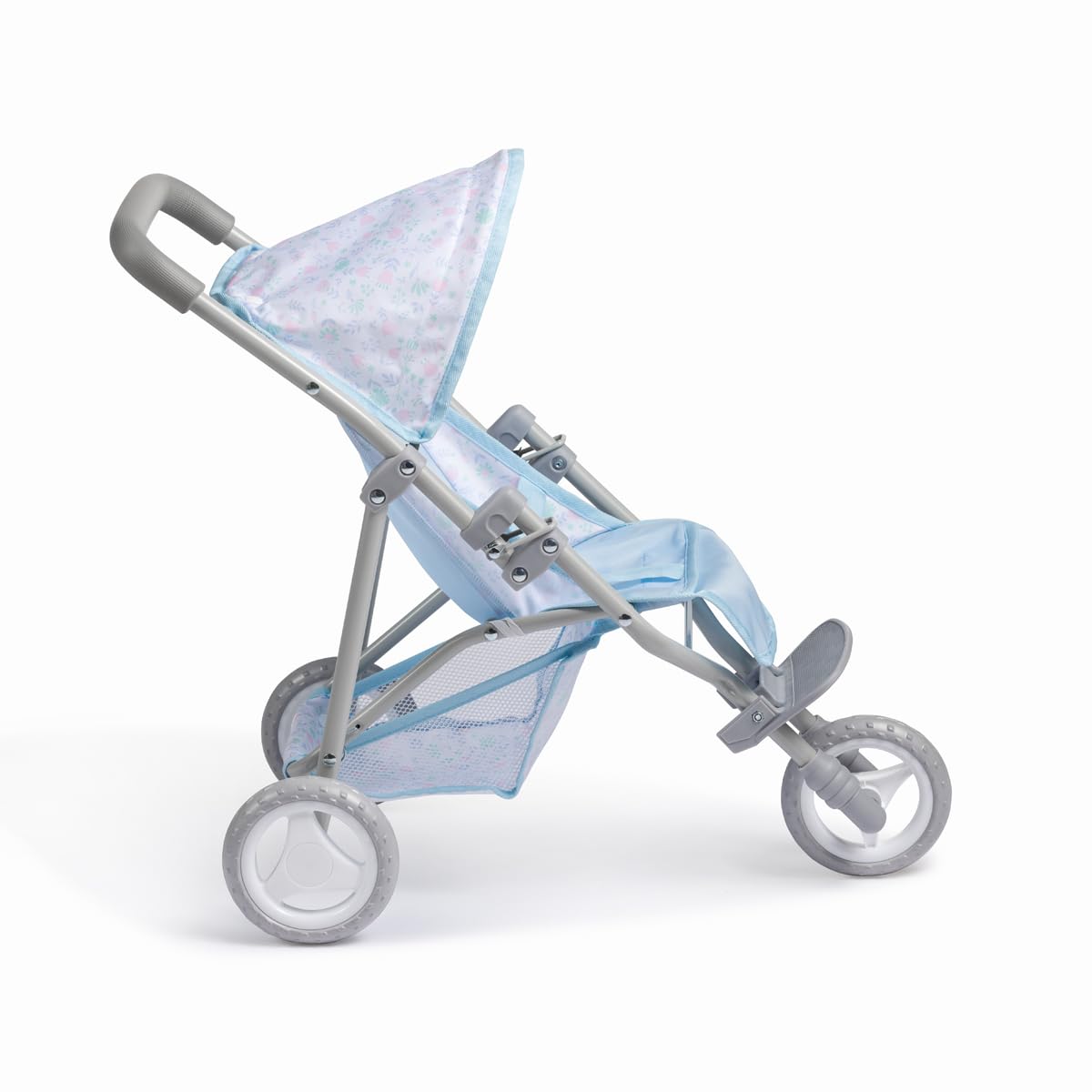 JC Toys Poussette Pliable à 3 Roues, pour poupées jusqu'à 45 cm, avec Panier et Capote, idéale pour Jouer et se Promener, Bleu avec décoration Florale, conçue par Berenguer, +3 Ans