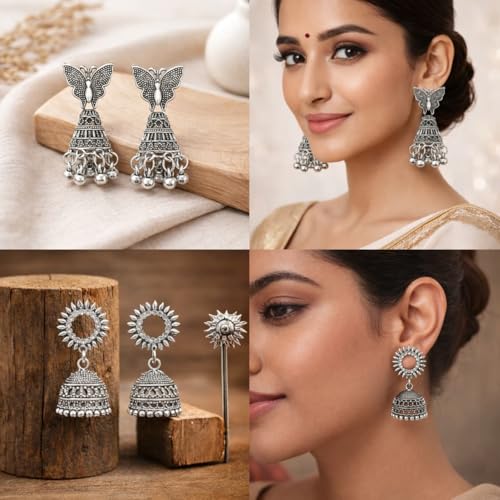 Image of Oxidised Silver Look Jhumka Earrings Box for Women | 16 Pairs Traditional Ethnic Jhumki Combo Gift Hamper with Velvet Box | Festive Wedding Jewellery | Gift For Women
