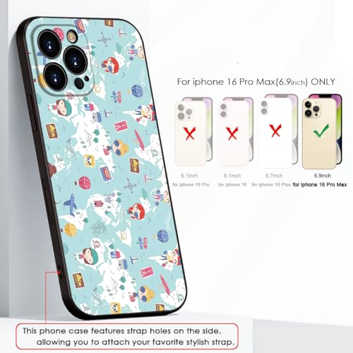 Cute Cartoon World Map Phone Case for iPhone 16 Pro Max - Soft & Shockproof Travel Style, for Girls & Women (B1-Cartoon Cute Girly)