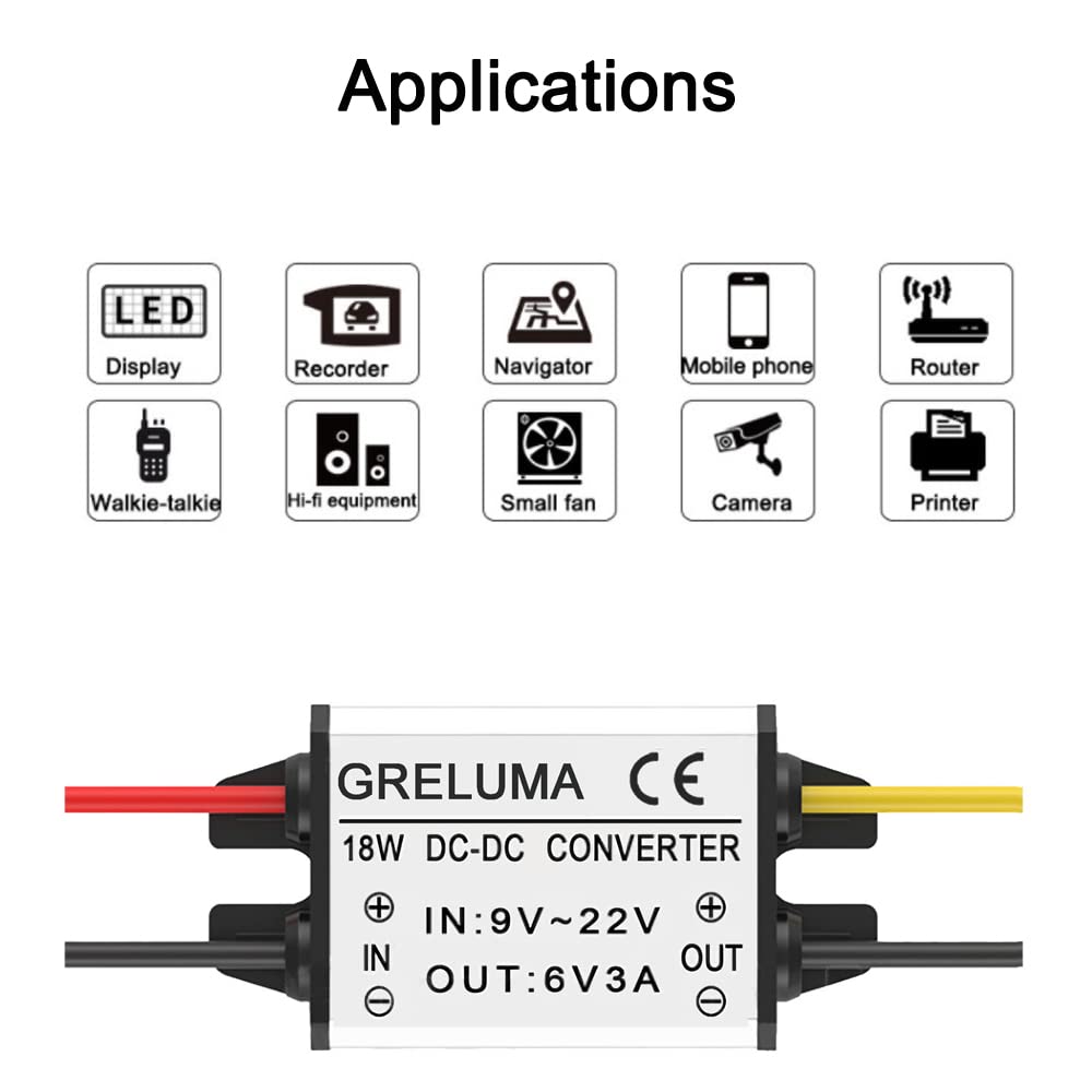 Greluma 1PC DC 12V a 6V Convertitore Step-down Regolatore 3A 18W Riduttore Adattatore di Alimentazione per Elettronica per Auto Camion Veicolo Barca Sistema Solare (Ingressi DC 9-22V,Certificato CE)