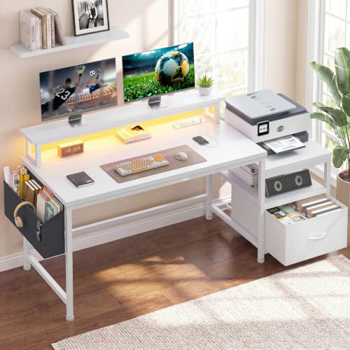 Image of EnHomee 56.5 inch Office Desk with Drawers & Printer Space for Home Work,White | Computer Desk with 3 AC Outlets& 2 USB Ports,Waterproof LED Strip Lights,Monitor Stand & Side Pockets,Home Office,Bedroom