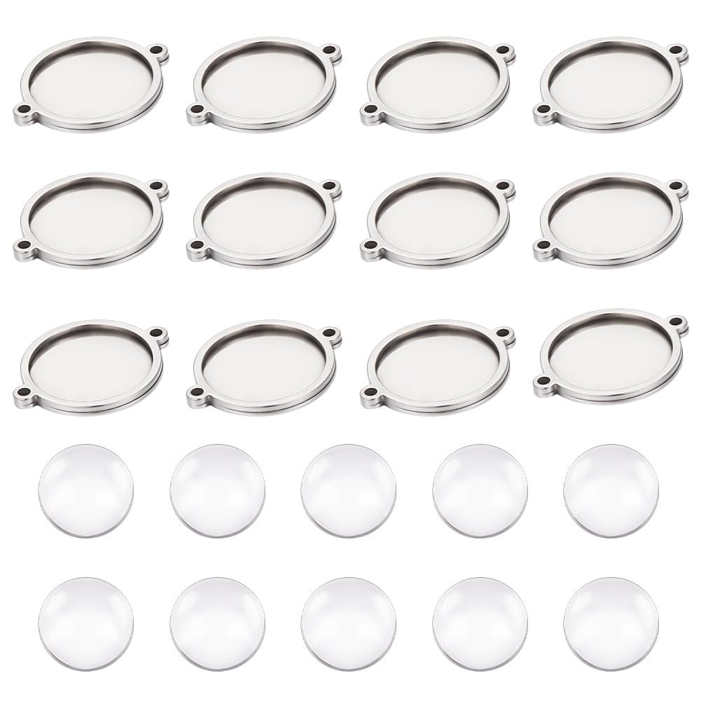 UNICRAFTALE 12 Sets Blank Dome Link Making Kit Flat Round Pendant Blanks Stainless Steel Cabochon Connector Settings Blanks Bezel Pendant Trays with Glass Cabochons for Jewelry Making