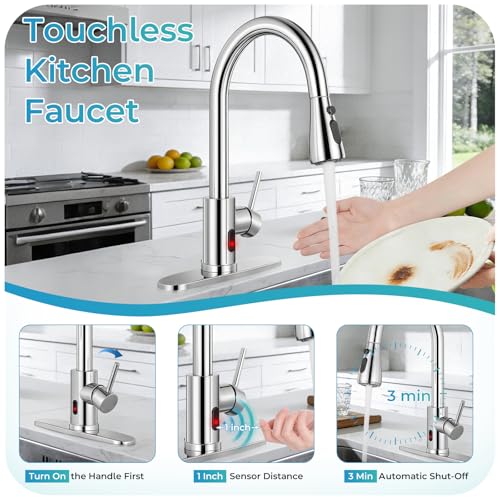 Image of Touchless Kitchen Faucet with Pull Down Sprayer - Polished Chrome Single Handle Kitchen Faucets, High Arc Stainless Steel Pull Out Kitchen Sink Faucet with Deck for RV Laundry Farmhouse Bar