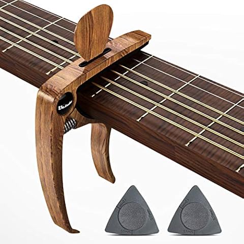 Guitar Capo for Acoustic Electric Guitars Mahagony Grain with Pin Puller, Pick Holder and Two Gray Plastic Guitar Picks with Three Thickness(wood pick not included) Cover