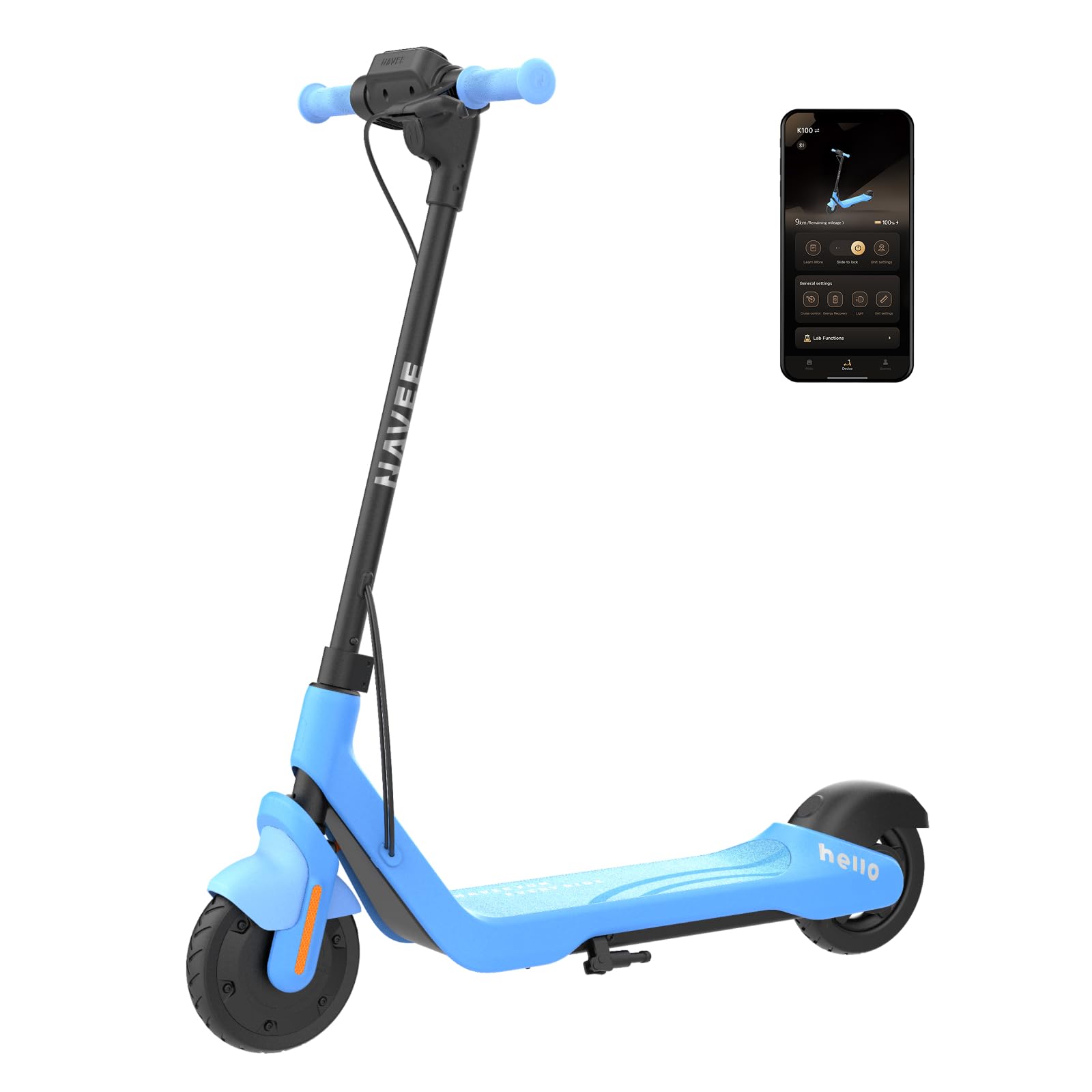 NAVEE K100 K100 Max E-Scooter Kinder ab 6 Jahre - 16 km Reichweite, 16 km/h, 50 kg Belastbar, IPX4 Wasserdicht, Bluetooth-Lautsprecher, RGB-Ambientelicht, faltbar & App-Geschwindigkeitskontrolle