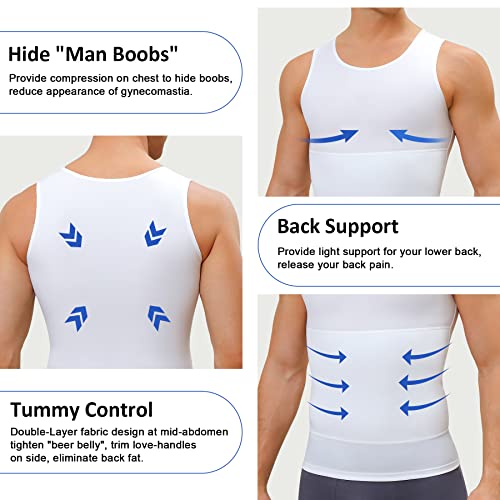 Mens Compression Shirt Slimming Body Shaper Vest Workout Tank Tops Abs Abdomen Undershirts (White, X-Large) #TOP1