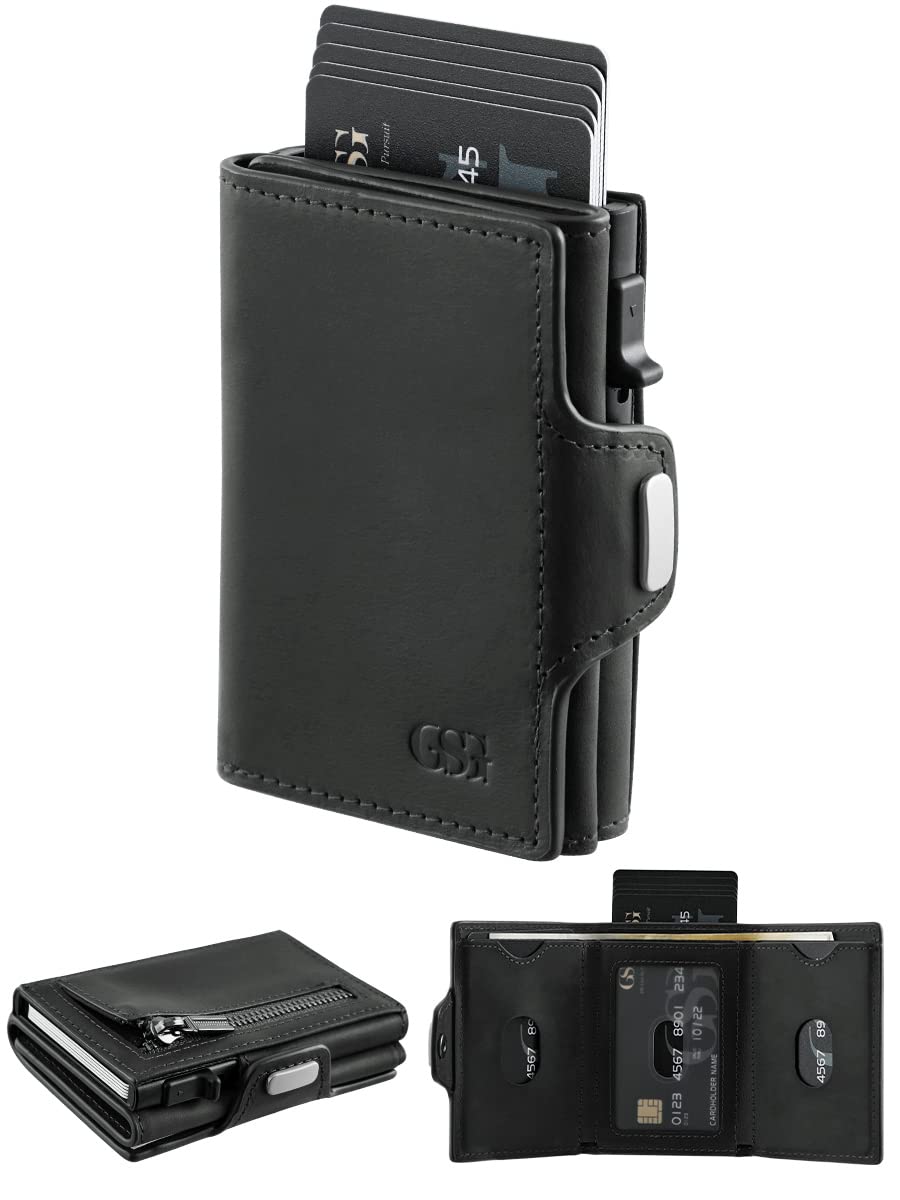 GSG Mens Wallets Slim Automatic Pop Up Trifold Genuine Leather with Coin Pocket, Banknote Compartment Small Credit Card Holder RFID Blocking Wallets Black