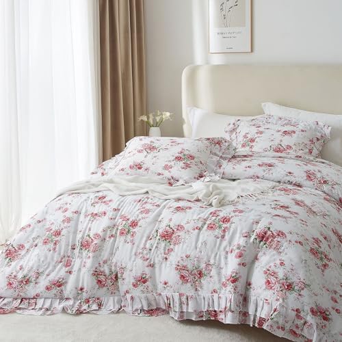 Image of VM VOUGEMARKET Rose Flower Duvet Cover Set Queen Romantic Girls Ruffle Bedding Set Soft Microfiber Botanical Duvet Cover with 2 Pillow Shams