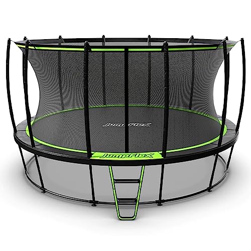 JumpFlex Hero Round Outdoor Backyard Trampoline with Net Safety Enclosure and Ladder, 15ft...