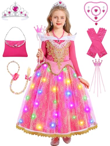 Dornröschen Kostüm Mädchen, Prinzessin Aurora Kostüm Kinder, Dornröschen Kleid Faschingskostüm Rosa Kleid für Karneval Fastnacht Geburtstag mit Zubehör Perücke Handtasche Krone Zauberstab G085M