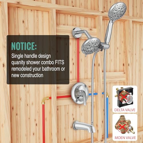Image of SR SUN RISE Shower System with Tub Spout Rain Shower Tub Set, High Pressure 35-Function Dual 2-in-1 Shower Combo Faucet with Valve, Patented 3-Way Water Diverter in Polished Chrome(Valve Included)