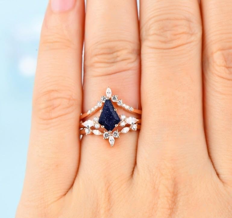 Unique Engagement Ring Set, Kite Cut Blue Sandstone Anniversary Rings, Vintage Bridal Promise Ring Set, Chevron Wedding Band, Stackable Ring4