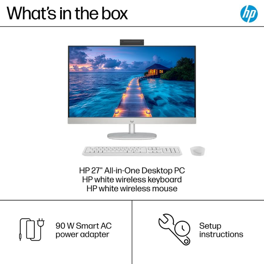 Image of HP 27 inch FHD All-in-One Business Desktop Computer, 12-core Intel Ultra 7 155U Processor, 32GB RAM 1.5TB Storage (1TB SSD+512GB Docking Set), Windows 11, Wireless Keyboard & Mouse, NLY Earphones, White