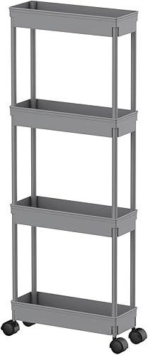 Miniatura 12 de Sooyee Carrito de almacenamiento delgado de 4 niveles, organizador de estanterías móviles, carrito de almacenamiento deslizante, estante de torre