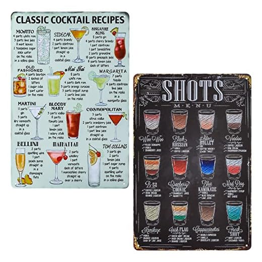 2 Pièces Plaque en Métal, Affiche Murale, Plaques de Recette de Cocktail, Décoration Poster Peinture Vintage pour Café, Pub, Bière - 19,5x29,5 cm