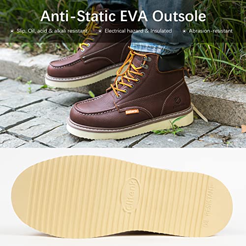 Men's 6" Moc Toe Work Boots - Full Grain Leather, Water Resistant, Non Slip, Lightweight, Wedge Sole, Soft Toe, Comfortable Construction4