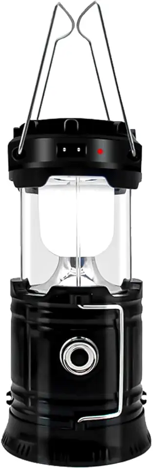 Lampião LED Lanterna Recarregável Com Luz Solar Camping Luminária 2 em 1 Iluminação Acampamento Pesca Trilhas Multiuso Carregador USB Portátil Emergências (PRETTO)