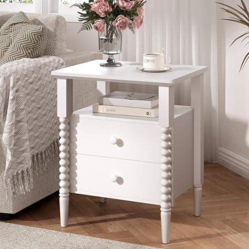 Image of JOINICE White End Table Set of 2 with Charging Station, Jenny Lind Spindle | Bedside Table for Bedroom, Living Room, Kids Room, Nightstand with 2 Large Drawers, Solid Wood Legs, Easy Assembly