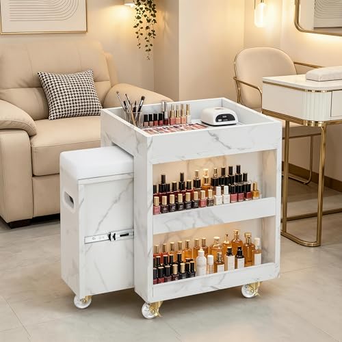 BarberPub Pedicure Cart with Diverse Storage Spaces Lockable Mobile Foot Nail Trolley Pedicure Tool Organizer with Foot Rest Pad for Beauty Salon (15.7(L))