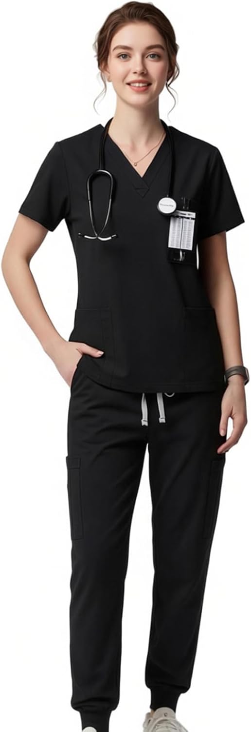 Scrubs for Women Set, Stretchy Breathable Nurse Scrub Top with Pockets for Hospital Dental Clinic Spa