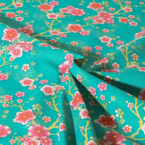 Tissu Coton imprimé Hanami Menthe Fleuris sur fond Bleu turquoise - Par 50 cm