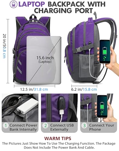 Image of Backpack Bookbag for School College Student Laptop Travel Business with USB Charging Port Laptop Compartment Luggage Straps Anti theft Night Light Reflective (Purple)