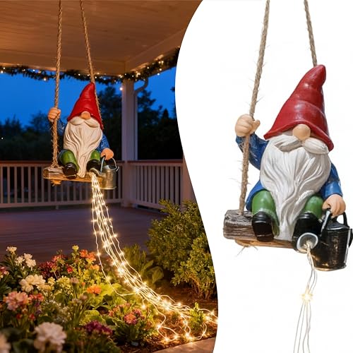 QCF Watering Can Solar Lights Garden Gnomes Hanging Statues Swing Gnome Cascading LED Decorations for Outside Backyard Yard Patio Tree Wall Hoswarming Birthday Gifts for Woman Mom Grandma