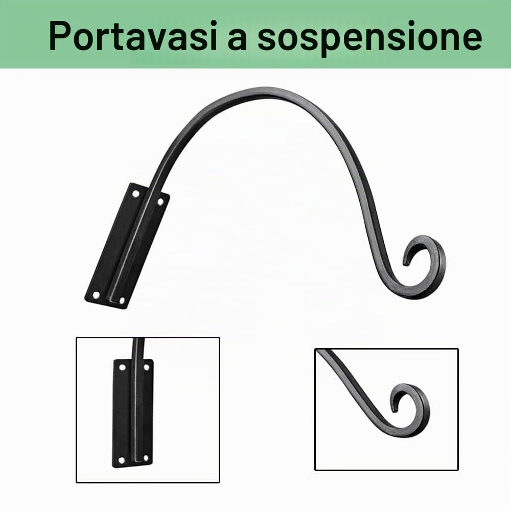 Portavasi pensile per esterni, set di 2 ganci da parete resistenti per supporti per piante, staffe per cesti appesi per mangiatoie per uccelli, carillon a vento e cesti per piante (28 x 40 cm)