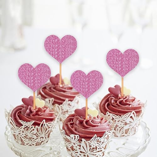 Blopee Heart Cupcake Toppers, 12Pcs Pink Cupcake Toppers, Heart Princess Party Decorations thumb #1