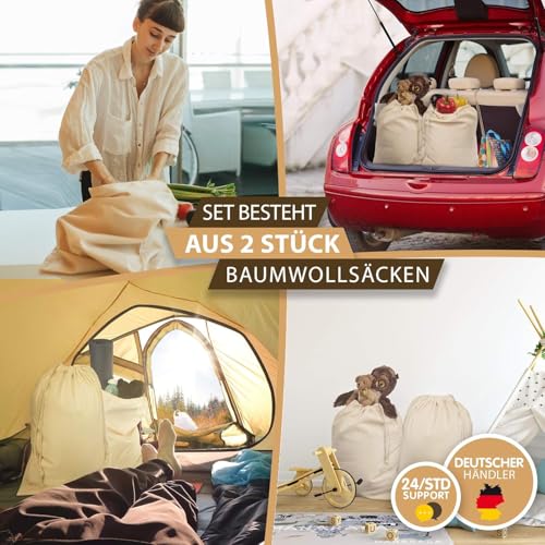 ELES VIDA® - XXL Wäschebeutel 2 Set 70x90cm aus 100% Baumwolle Natur - Extra große Heavy Duty Wäschesack - langlebig, Mit Kordelzug, Reise Wäschesammler Wäschebox Kleidersack Aufbewahrung