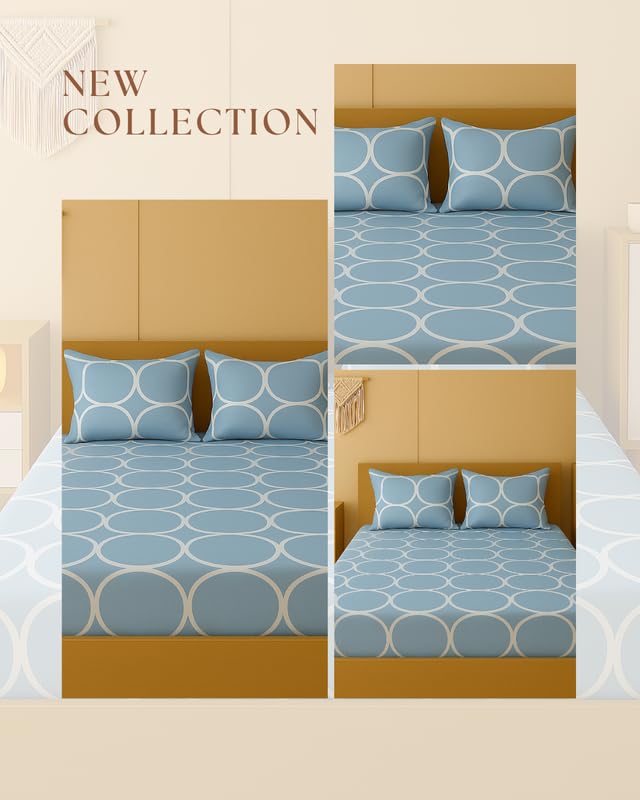 Image of NEW LEAF 320 TC Cotton All Around Elastic Fitted Printed Bedsheets King Size, Premium Fitted Bedsheets King Size for Double Bed with 2 Pillow Covers, Size- 78 inch x 72 inch Olive Grey