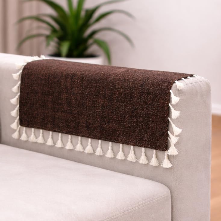 Image of STITCHNEST Premium Woven Fabric Sofa Arm Cover with Tassels | Elegant Hand Rest Protector | Durable & Stylish | 18 x 22 Inches