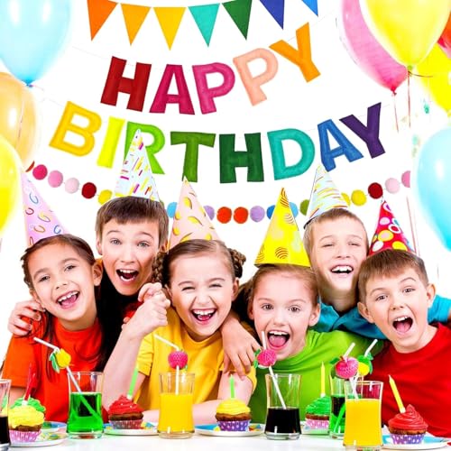 Guirnalda de bolas de fieltro hecha a mano y cartel de feliz cumpleaños arcoíris duradero 8