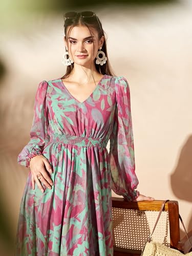 Image of Miss Chase Women's Multicolored-Base-Brown Relaxed Fit Maxi Lurex Chiffon Dress